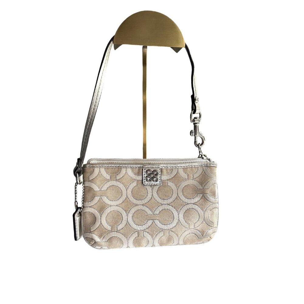 Coach Tan and Silver Signature Wristlet